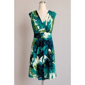 Womens XL Abstract Teal Green Cottagecore Coastal Chic V Neck Waist Tie Dress